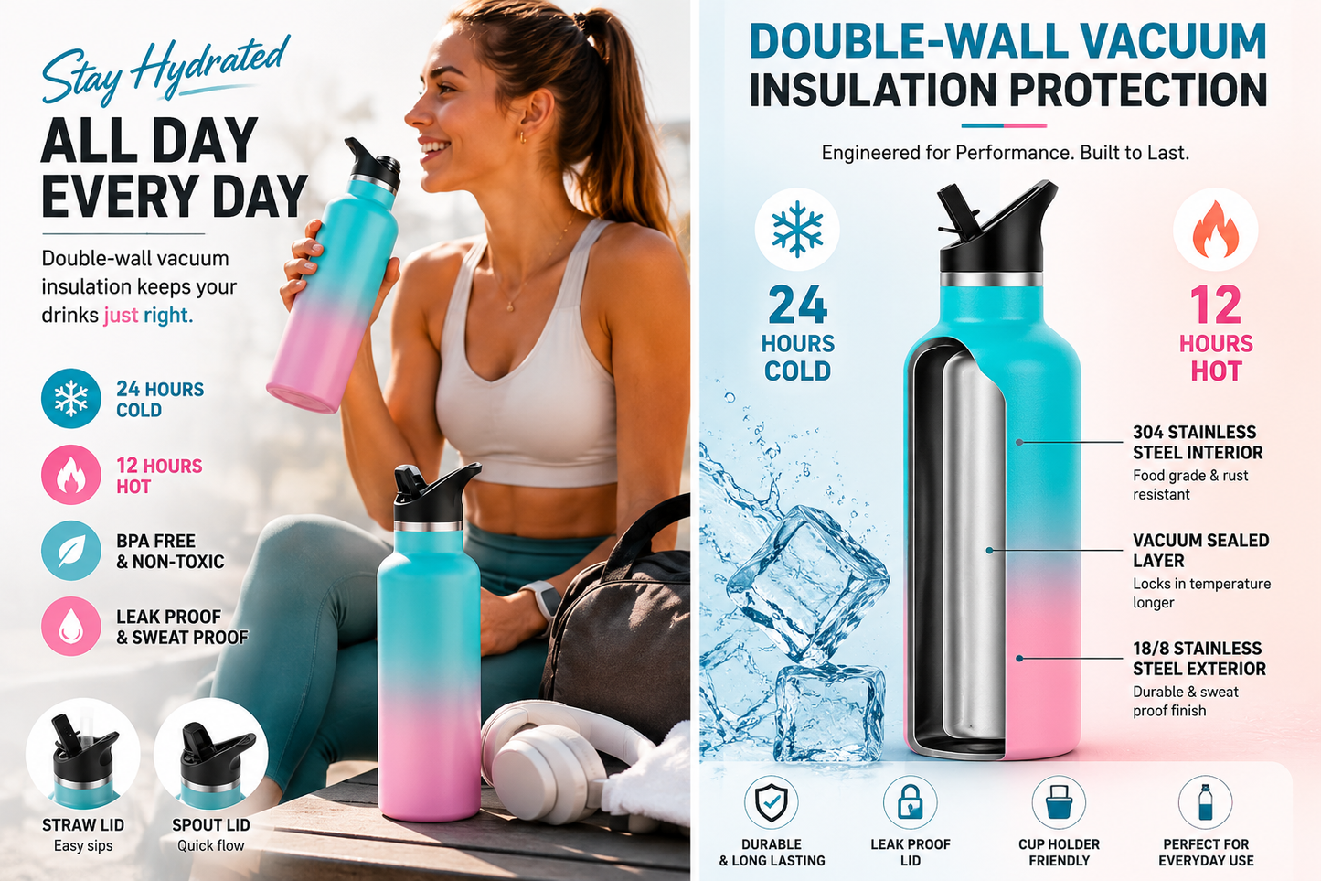Arslo's 17oz Stainless Steel Double Wall Water Bottles. Keeps Water Cold for 24 Hours, Hot for 12 Hours
