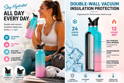 Arslo's 17oz Stainless Steel Double Wall Water Bottles. Keeps Water Cold for 24 Hours, Hot for 12 Hours