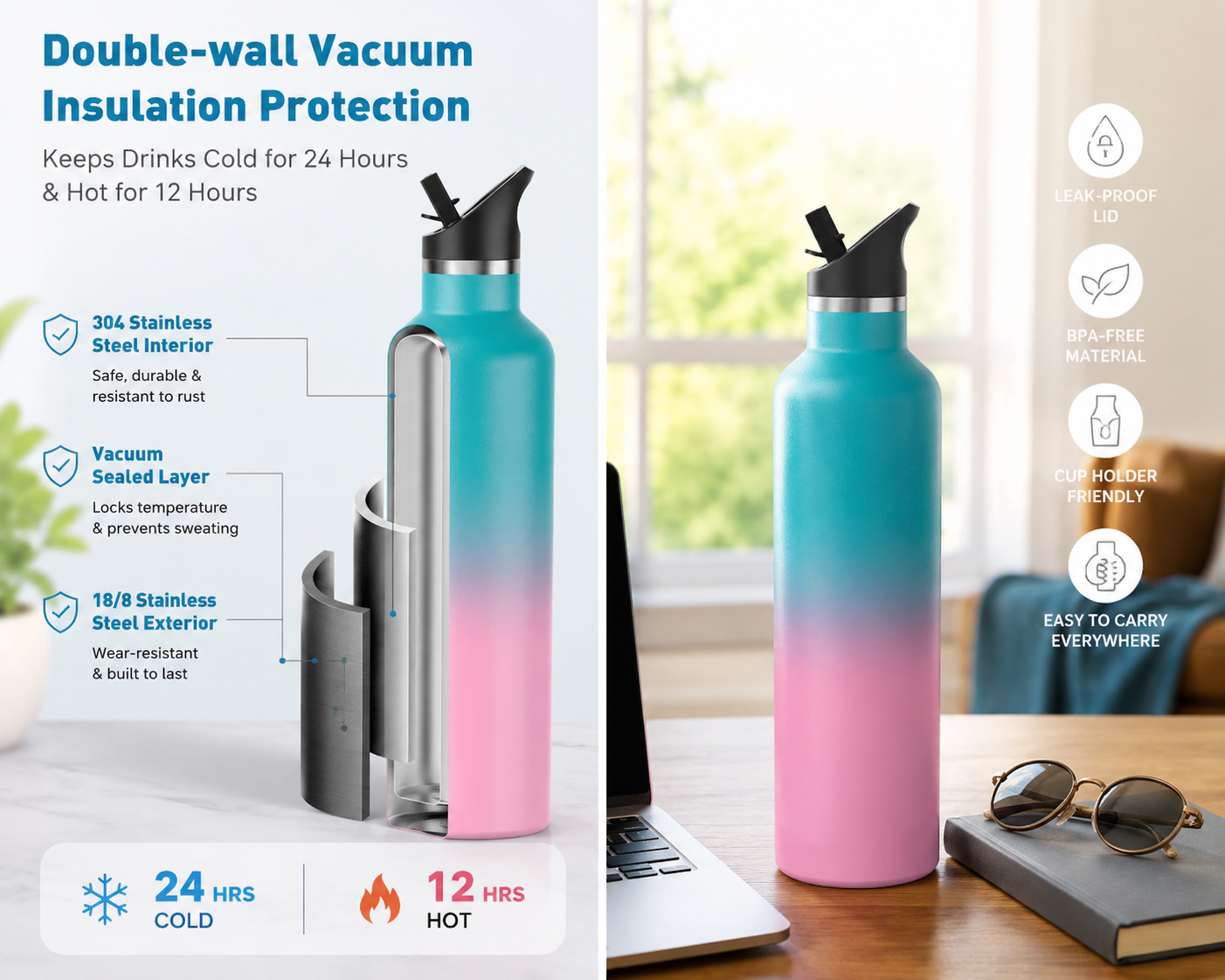 Arslo's 17oz Stainless Steel Double Wall Water Bottles. Keeps Water Cold for 24 Hours, Hot for 12 Hours