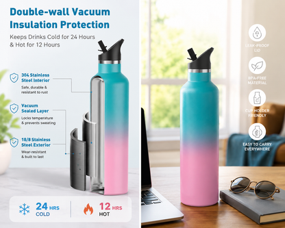 Arslo's 17oz Stainless Steel Double Wall Water Bottles. Keeps Water Cold for 24 Hours, Hot for 12 Hours
